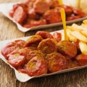 Saucisse allemande- currywurst-frites-épices-sauce tomate-cuisine allemande